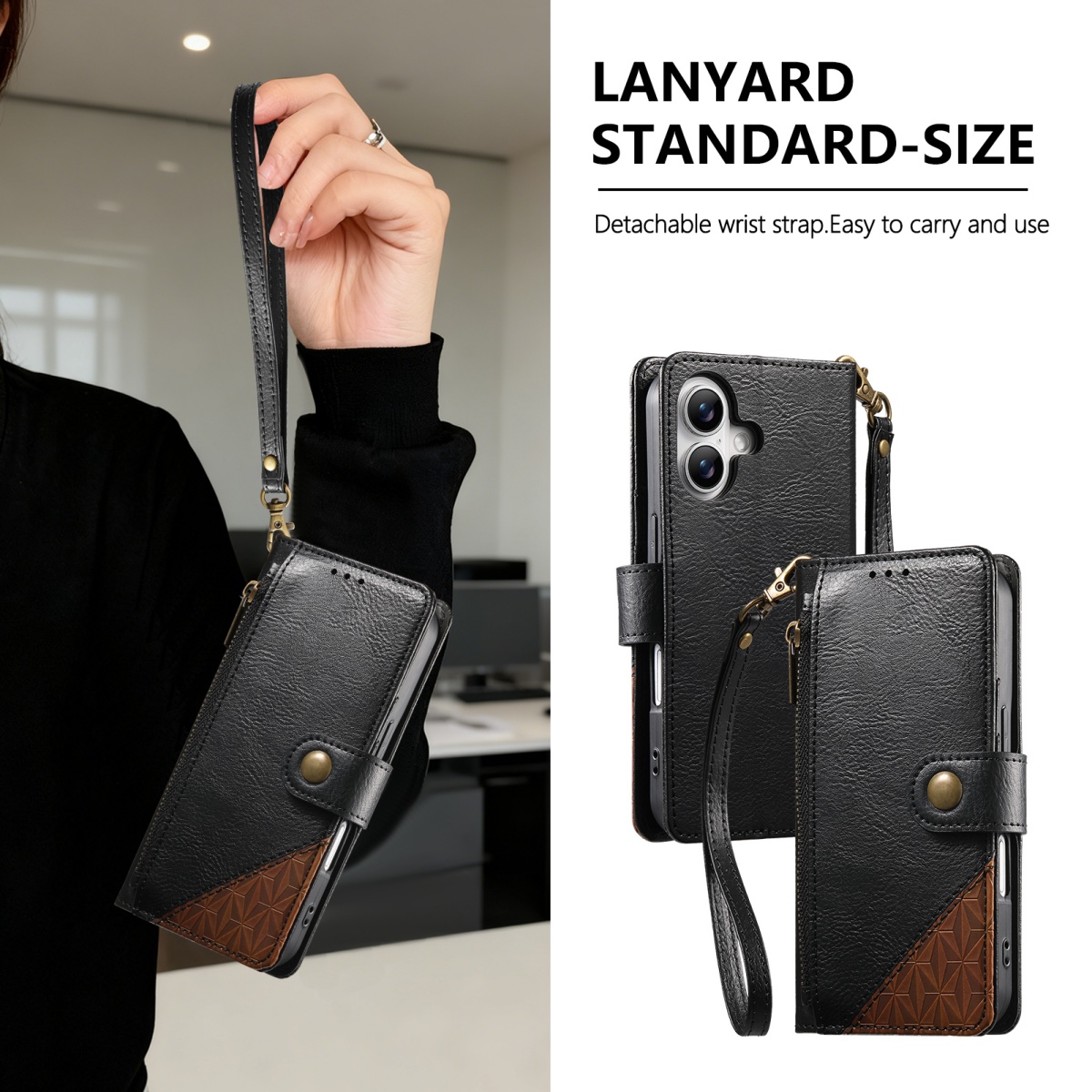 Phone Cases With Wallet - PU Leather Zipper Wrist Strap Flip