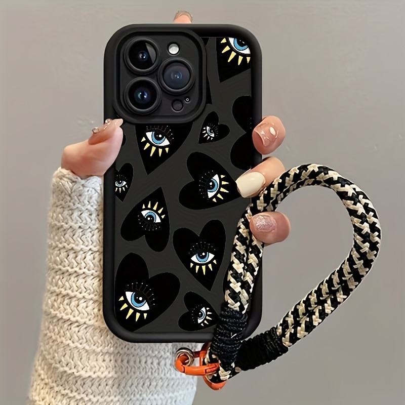Phone Cases With Straps - Black Love Heart Eye Hang Strap
