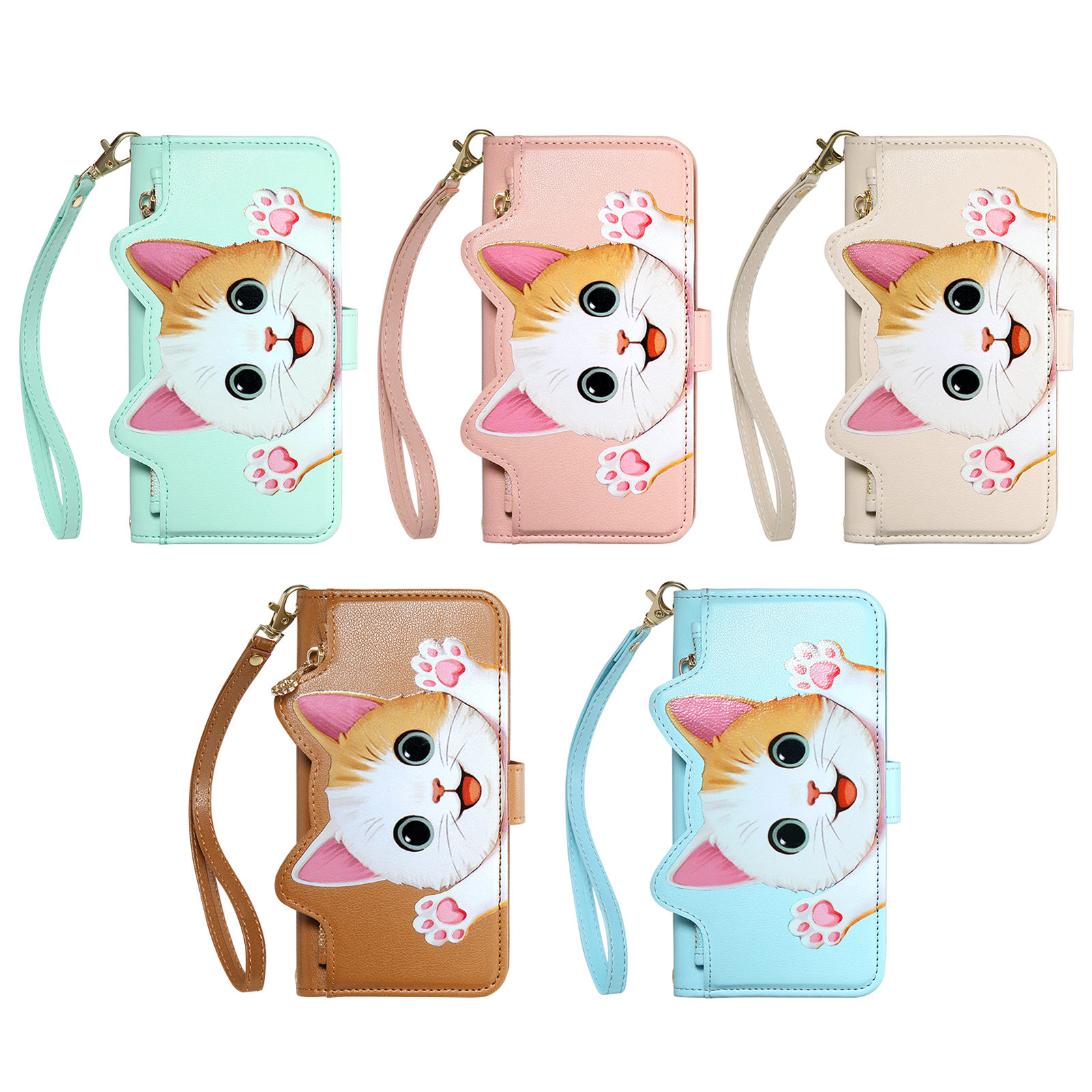 Phone Cases With Wallet - Cute Cat PU Leather Zipper Wrist