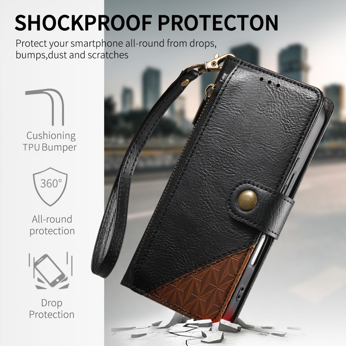 PU Leather Zipper Wrist Strap  - Phone Cases With Wallet 评论和价格