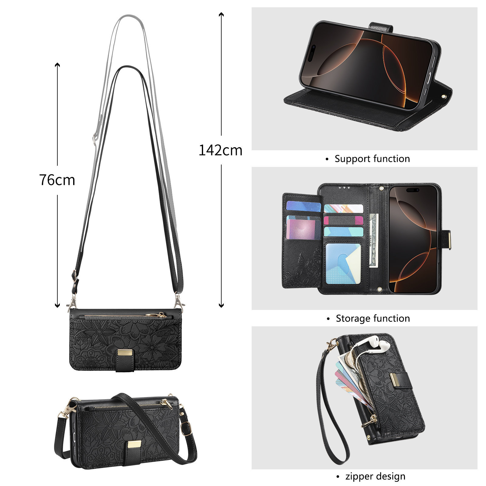Leather Zipper Crossbody Flip  - Phone Cases With Wallet 评论和价格